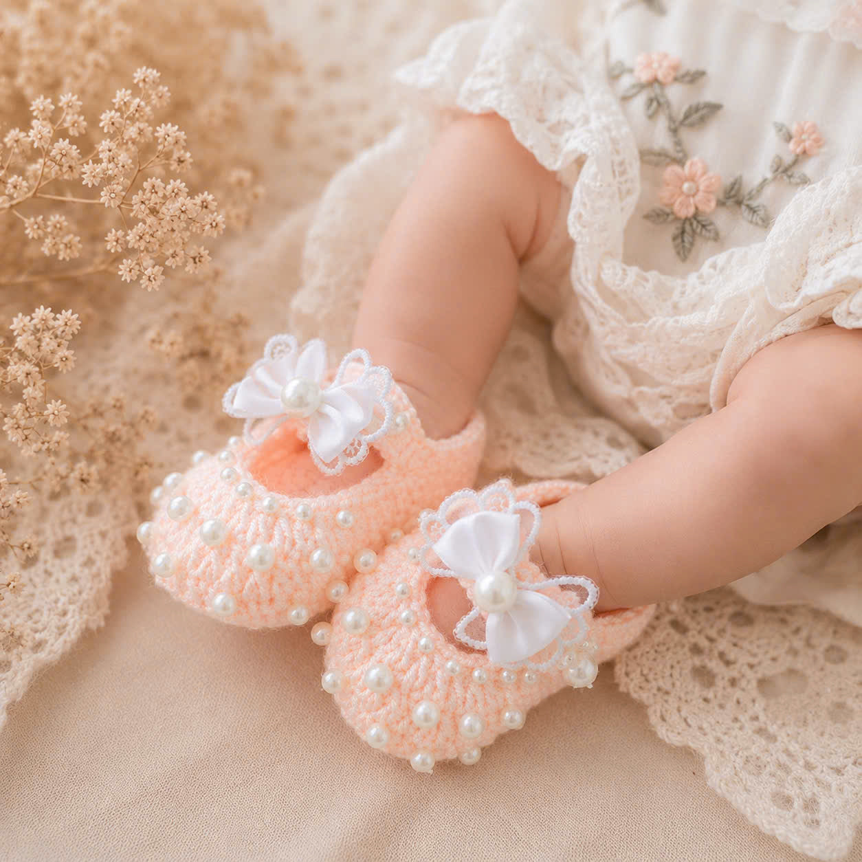 Handmade Knitted Baby Shoes - Pearl Bow Newborn | Apricot Mary Jane Baby Booties with Lace Bow & Pearls | Coming Home Outfit & Baby Shower Gift