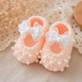Handmade Knitted Baby Shoes - Pearl Bow Newborn | Apricot Mary Jane Baby Booties with Lace Bow & Pearls | Coming Home Outfit & Baby Shower Gift
