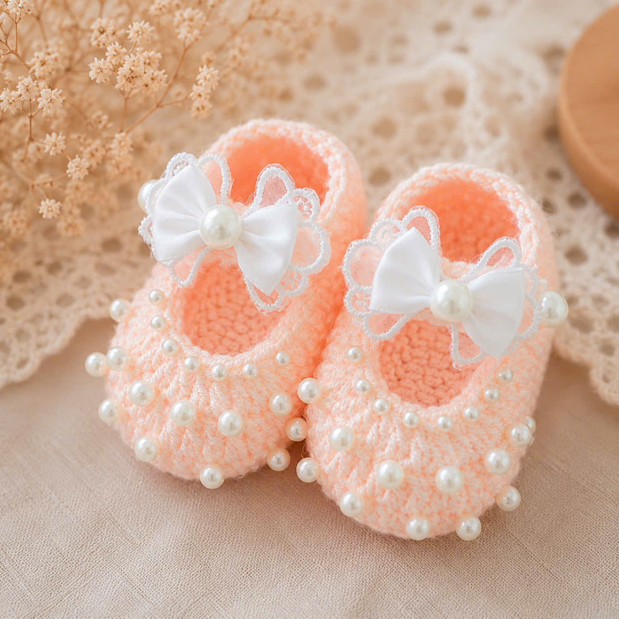 Handmade Knitted Baby Shoes - Pearl Bow Newborn | Apricot Mary Jane Baby Booties with Lace Bow & Pearls | Coming Home Outfit & Baby Shower Gift