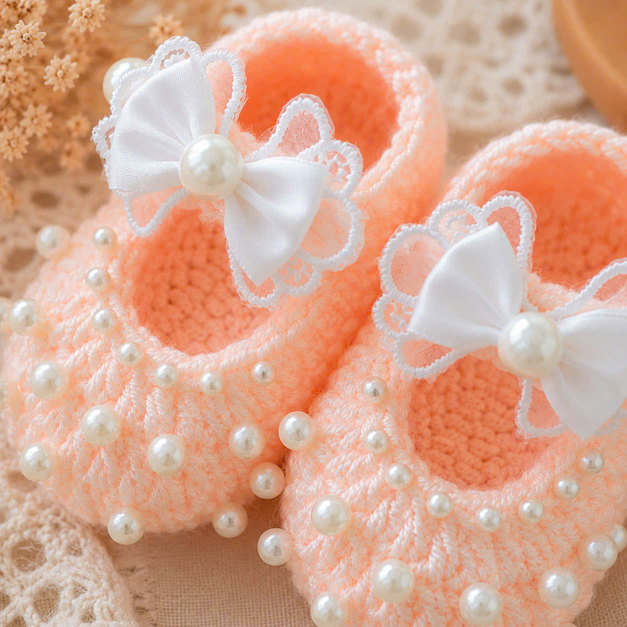 Handmade Knitted Baby Shoes - Pearl Bow Newborn | Apricot Mary Jane Baby Booties with Lace Bow & Pearls | Coming Home Outfit & Baby Shower Gift