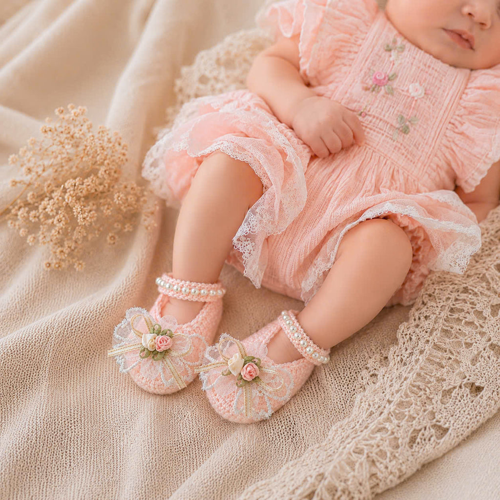 Handmade Knitted Baby Shoes - Floral Pearl Newborn | Apricot Mary Jane Baby Booties with Lace Flowers & Pearls | Coming Home Outfit & Baby Shower Gift