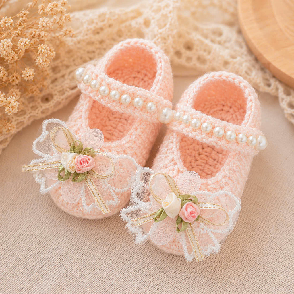 Handmade Knitted Baby Shoes - Floral Pearl Newborn | Apricot Mary Jane Baby Booties with Lace Flowers & Pearls | Coming Home Outfit & Baby Shower Gift