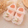Handmade Knitted Baby Shoes - Floral Pearl Newborn | Apricot Mary Jane Baby Booties with Lace Flowers & Pearls | Coming Home Outfit & Baby Shower Gift