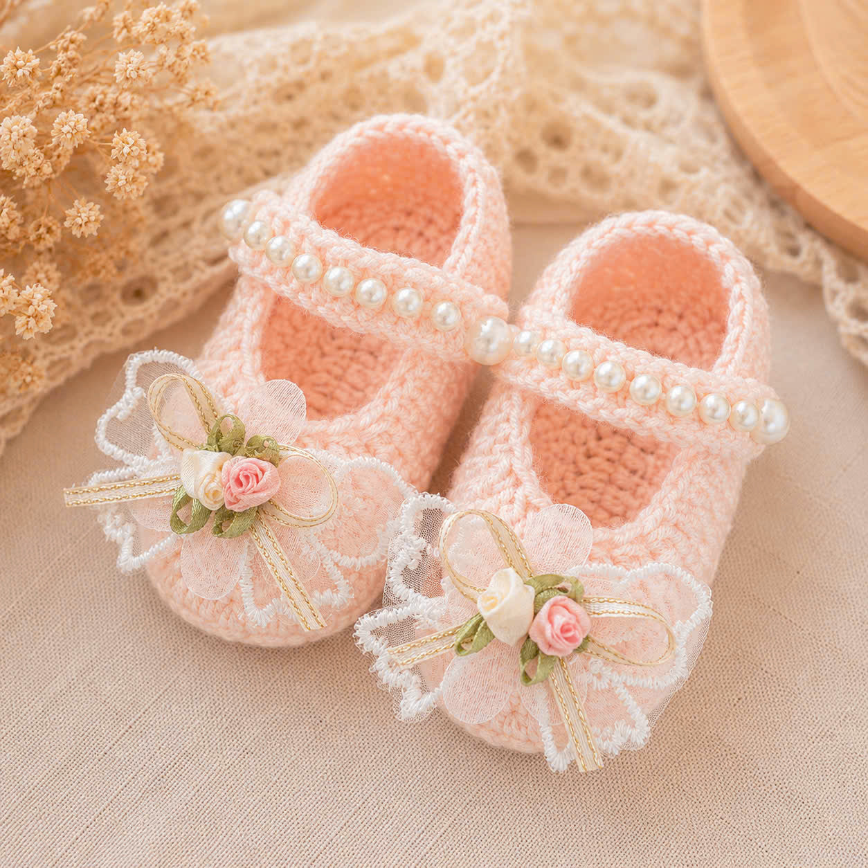 Handmade Knitted Baby Shoes - Floral Pearl Newborn | Apricot Mary Jane Baby Booties with Lace Flowers & Pearls | Coming Home Outfit & Baby Shower Gift