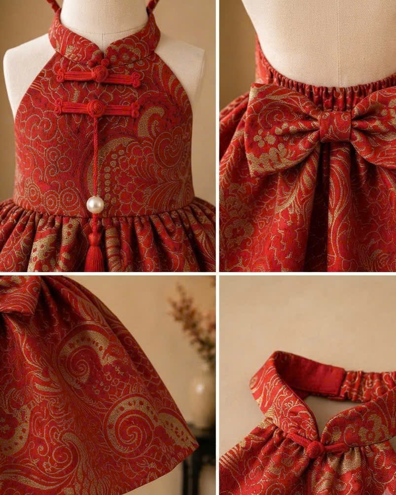 Halter Neck Dress - Golden Charm 3 Months–3 Years | Red Brocade Yếm-Inspired Princess Dress | Tết, Mid-Autumn & Birthday Dress