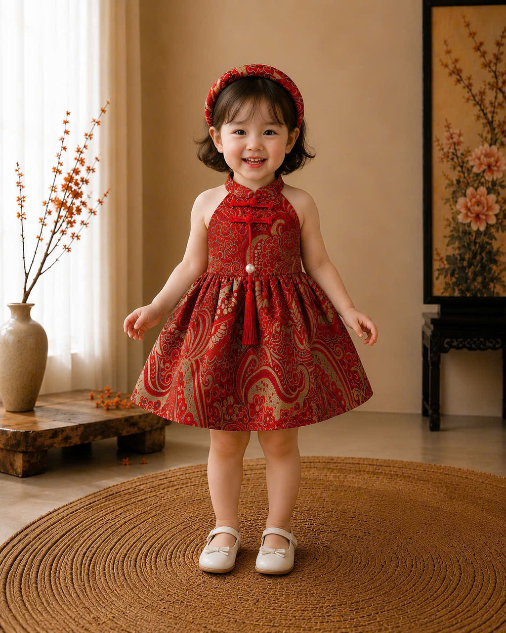 Halter Neck Dress - Golden Charm 3 Months–3 Years | Red Brocade Yếm-Inspired Princess Dress | Tết, Mid-Autumn & Birthday Dress