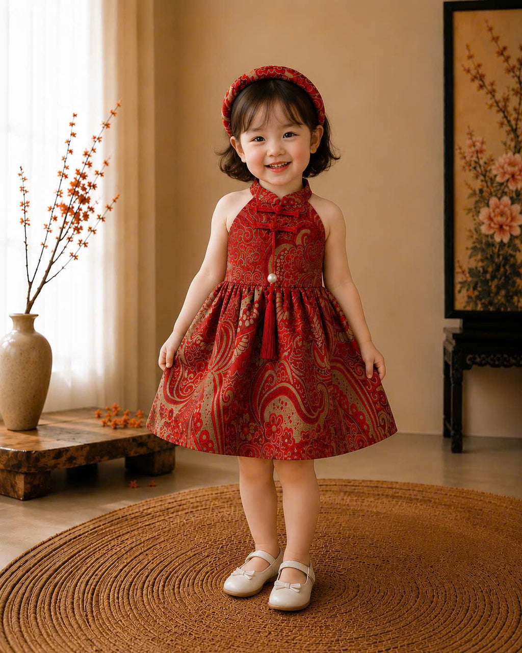 Halter Neck Dress - Golden Charm 3 Months–3 Years | Red Brocade Yếm-Inspired Princess Dress | Tết, Mid-Autumn & Birthday Dress