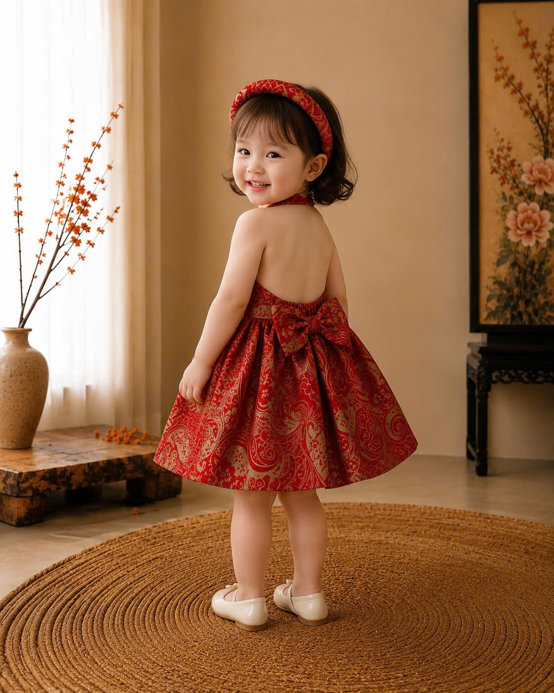 Halter Neck Dress - Golden Charm 3 Months–3 Years | Red Brocade Yếm-Inspired Princess Dress | Tết, Mid-Autumn & Birthday Dress