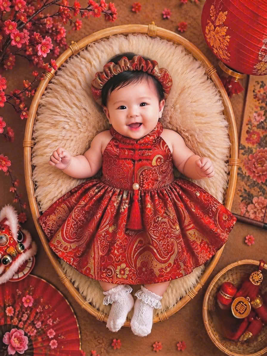 Halter Neck Dress - Golden Charm 3 Months–3 Years | Red Brocade Yếm-Inspired Princess Dress | Tết, Mid-Autumn & Birthday Dress