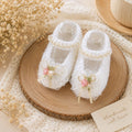 Handmade Knitted Baby Shoes - Vintage Rose Newborn | White Mary Jane Baby Booties with Lace Flowers & Pearls | Christening, Flower Girl & Baby Shower Gift