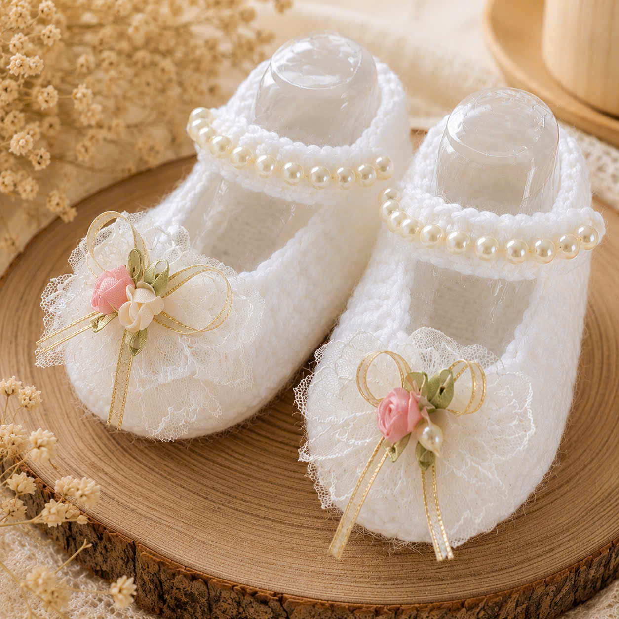 Handmade Knitted Baby Shoes - Vintage Rose Newborn | White Mary Jane Baby Booties with Lace Flowers & Pearls | Christening, Flower Girl & Baby Shower Gift