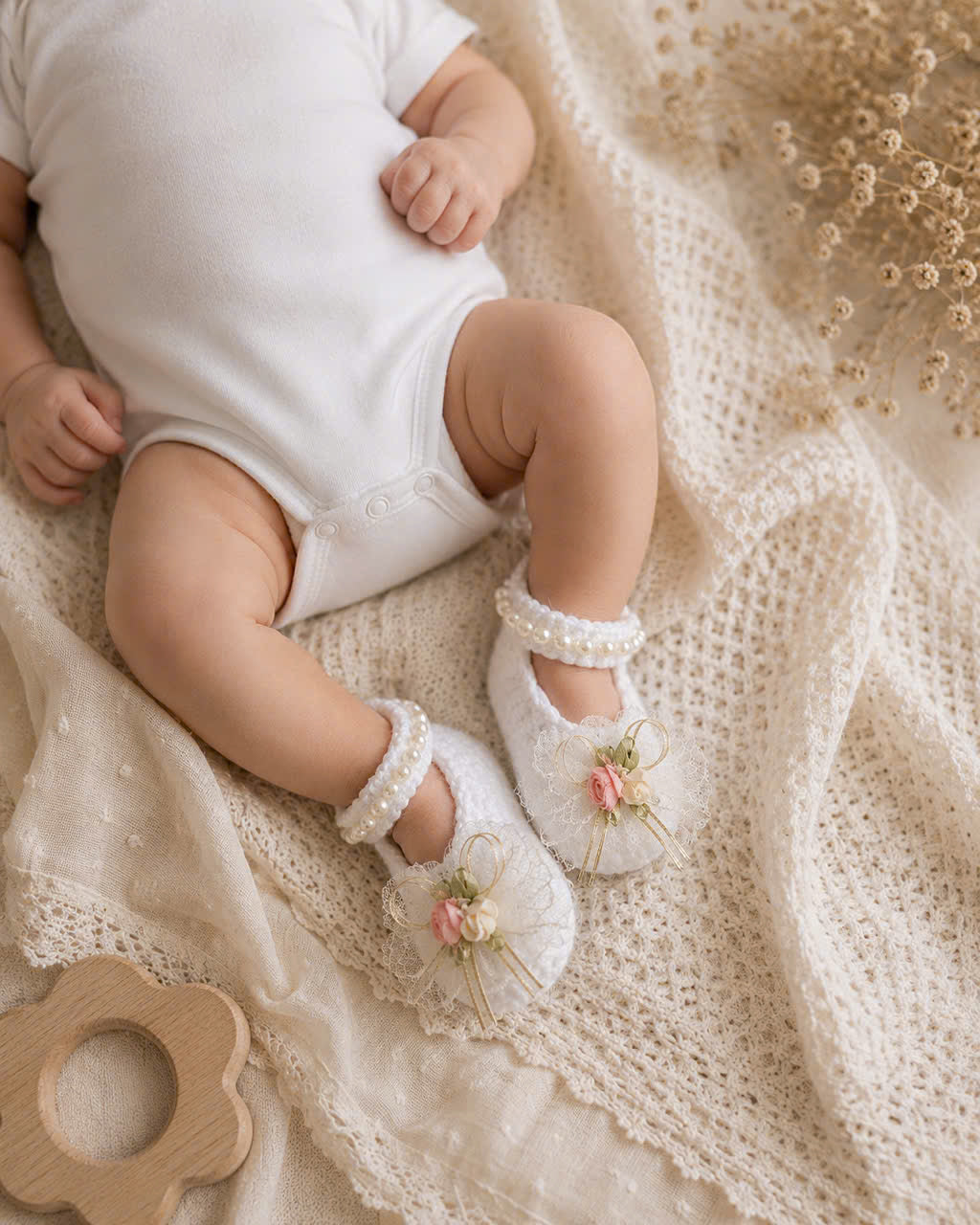 Handmade Knitted Baby Shoes - Vintage Rose Newborn | White Mary Jane Baby Booties with Lace Flowers & Pearls | Christening, Flower Girl & Baby Shower Gift