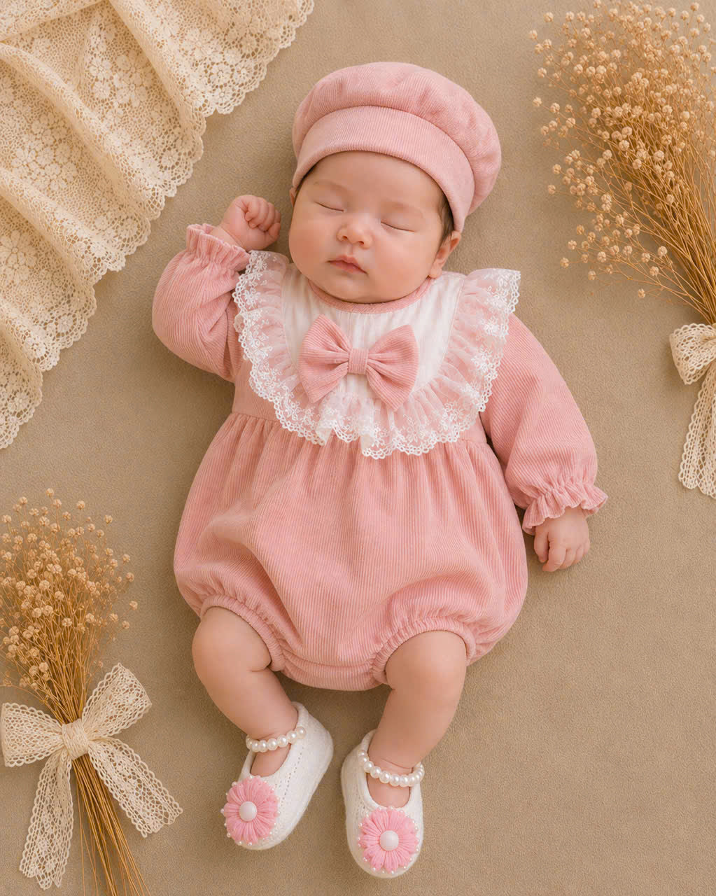 Peach Puff Lace Romper Newborn–12months | Lace Baby Romper | Autumn & Winter Outfit