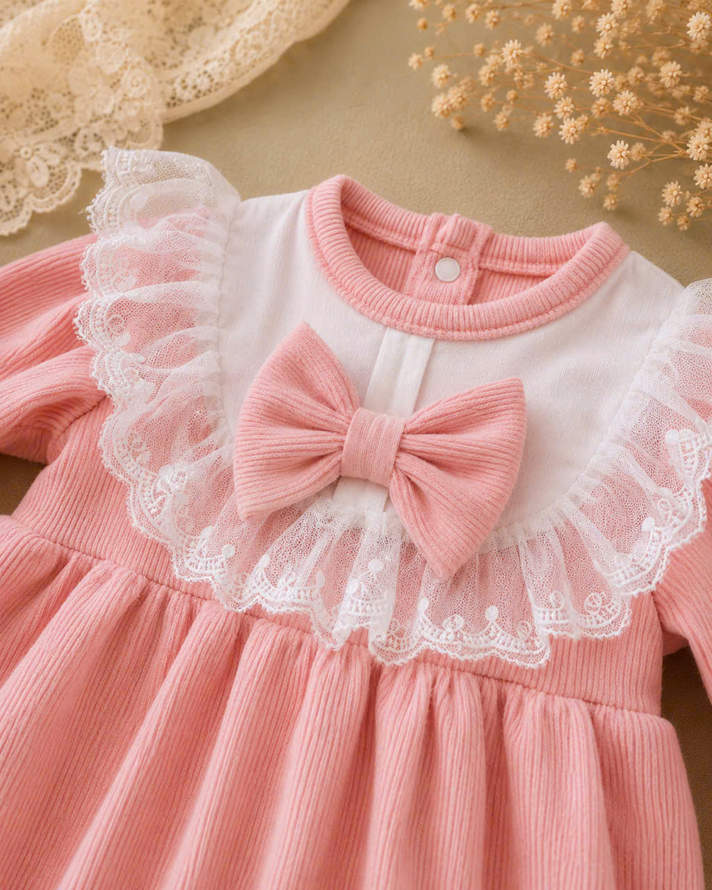 Peach Puff Lace Romper Newborn–12months | Lace Baby Romper | Autumn & Winter Outfit