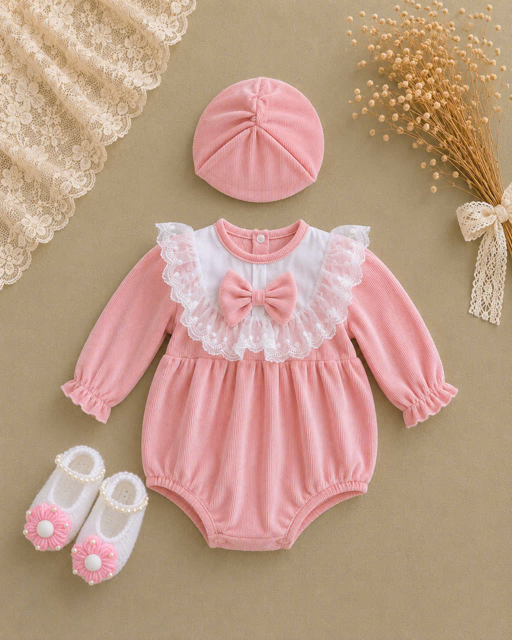 Peach Puff Lace Romper Newborn–12months | Lace Baby Romper | Autumn & Winter Outfit