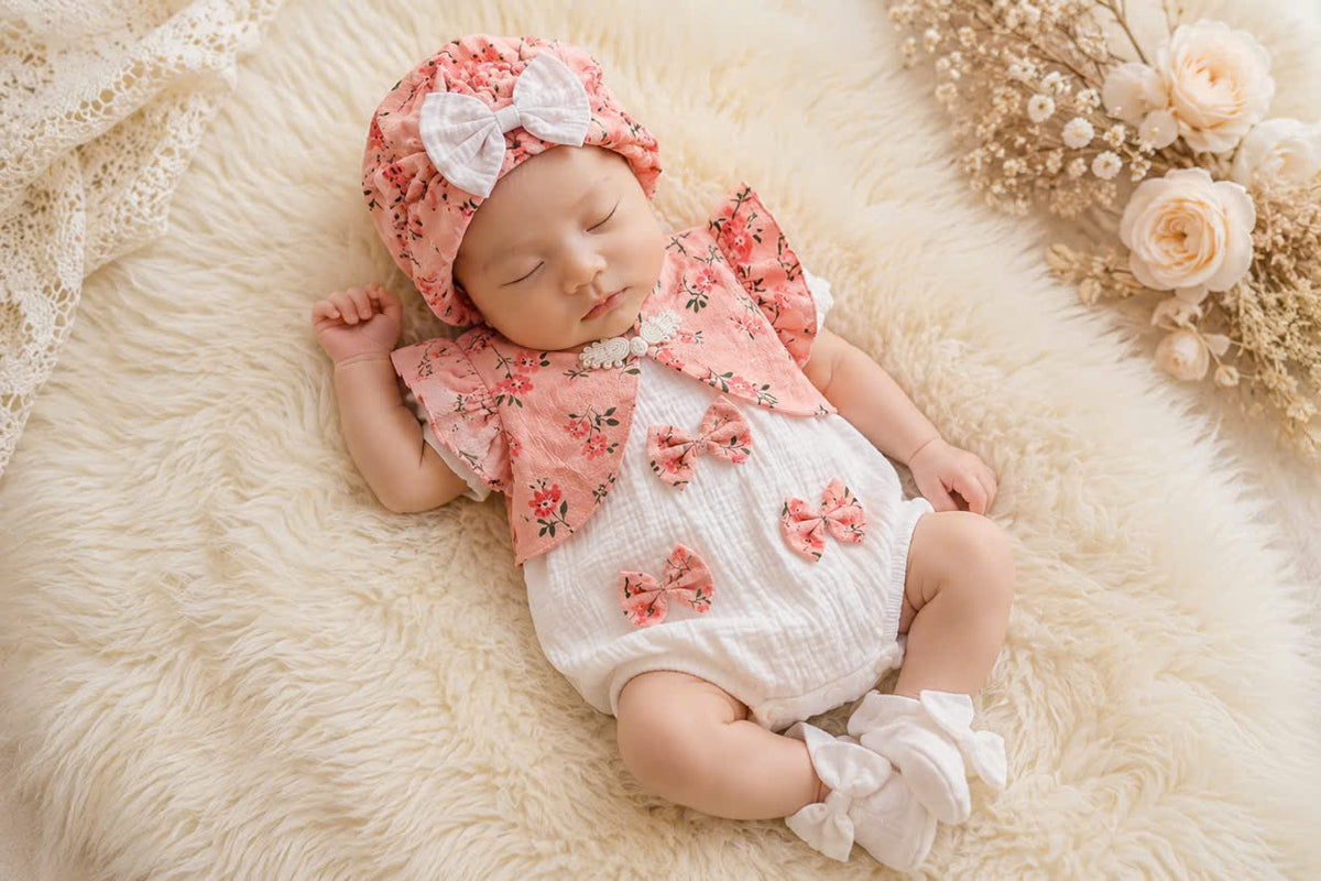 Cheongsam Romper – Peach Blossom Newborn–2 Years | Floral Baby Romper with Matching Bonnet & Baby Shoes | Lunar New Year Outfit