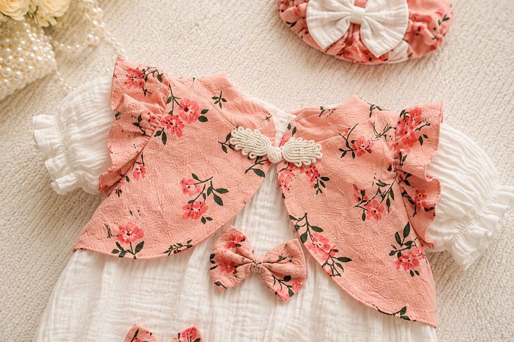 Cheongsam Romper – Peach Blossom Newborn–2 Years | Floral Baby Romper with Matching Bonnet & Baby Shoes | Lunar New Year Outfit