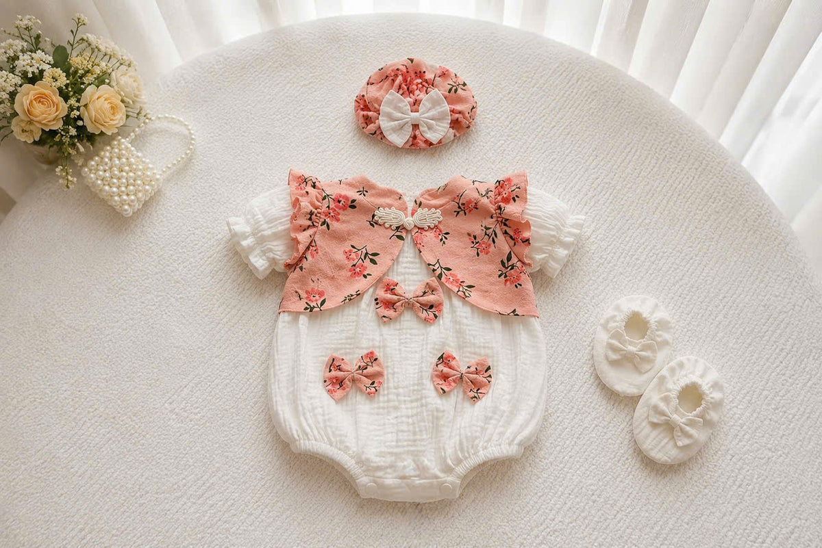 Cheongsam Romper – Peach Blossom Newborn–2 Years | Floral Baby Romper with Matching Bonnet & Baby Shoes | Lunar New Year Outfit