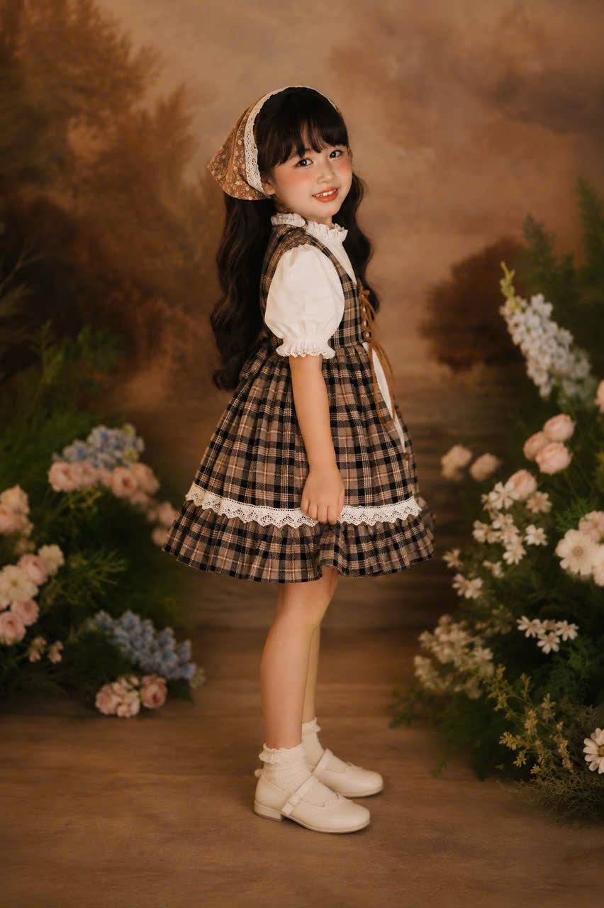 Hazel Plain Dress 1–6 Years | Girls Vintage Lace Dress with Matching Triangle Head Scarf | Birthday, Party & Special Occasion Dress