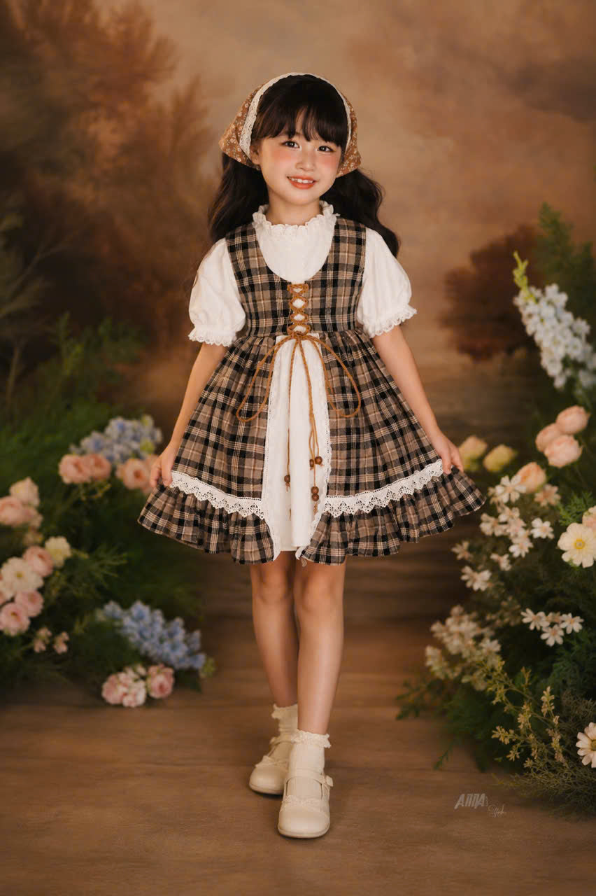 Hazel Plain Dress 1–6 Years | Girls Vintage Lace Dress with Matching Triangle Head Scarf | Birthday, Party & Special Occasion Dress