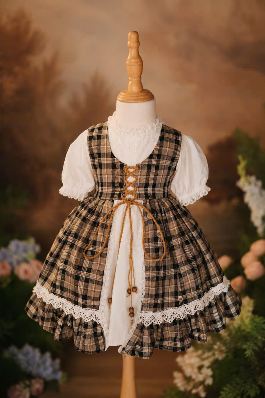 Hazel Plain Dress 1–6 Years | Girls Vintage Lace Dress with Matching Triangle Head Scarf | Birthday, Party & Special Occasion Dress