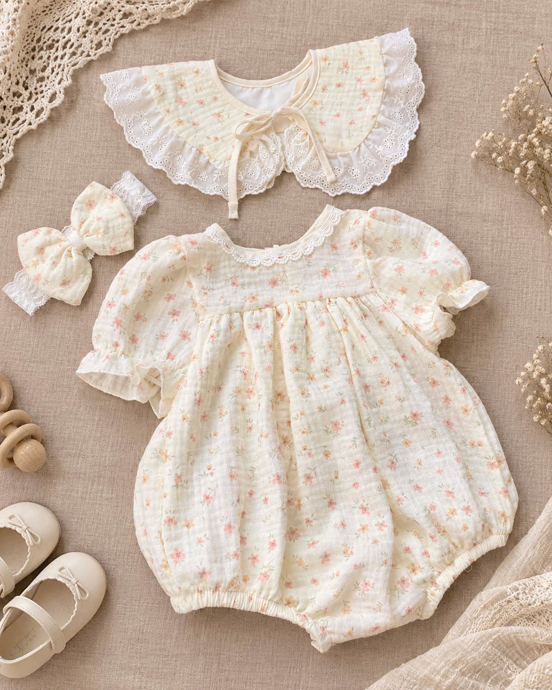 Floral Meadow Muslin Baby Romper Set Newborn–12 Months | Baby Girl Cotton Muslin Romper with Detachable Lace Bib & Matching Bow Headband