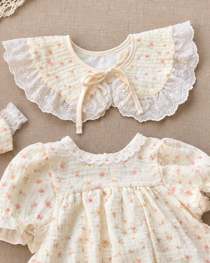 Floral Meadow Muslin Baby Romper Set Newborn–12 Months | Baby Girl Cotton Muslin Romper with Detachable Lace Bib & Matching Bow Headband