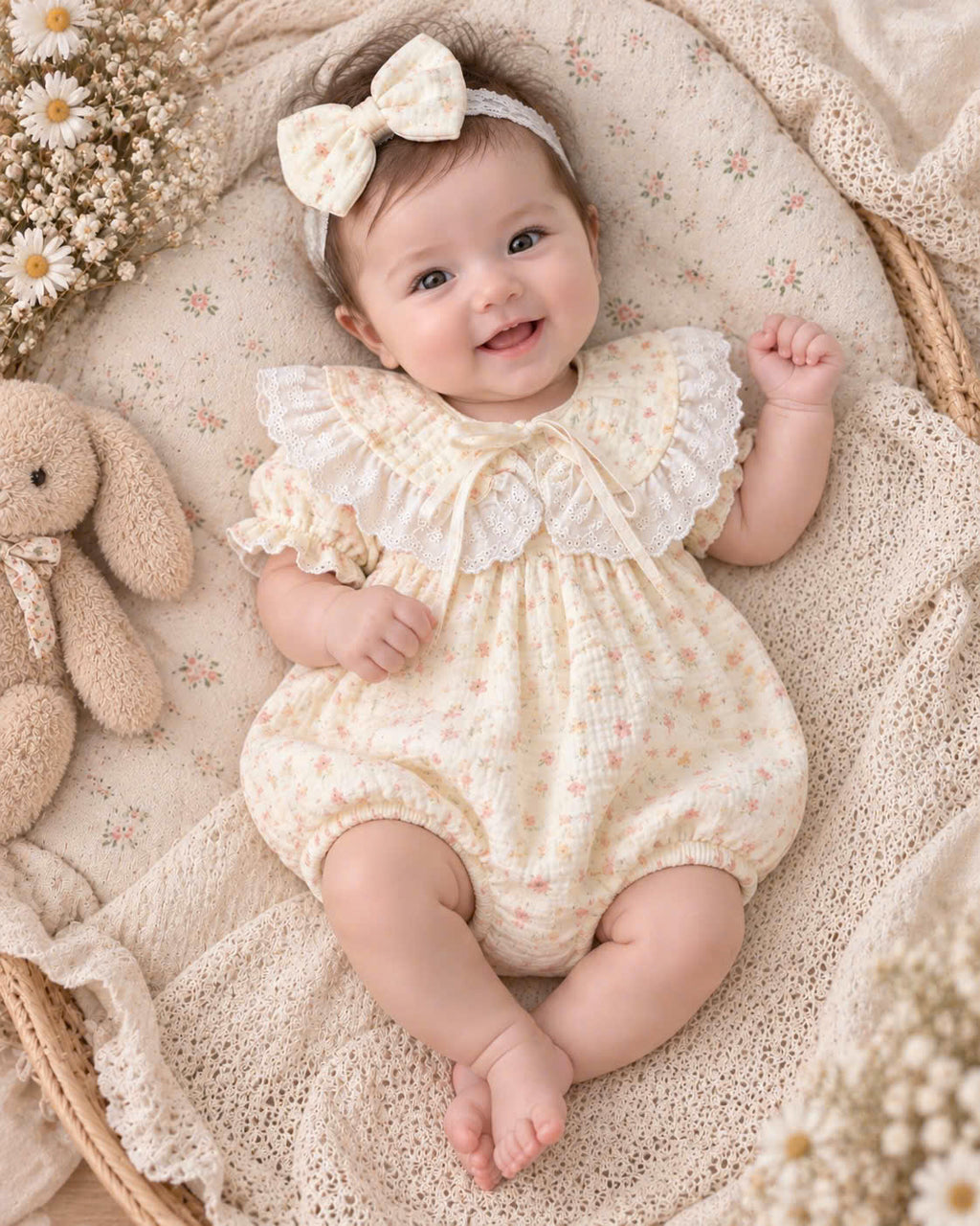 Floral Meadow Muslin Baby Romper Set Newborn–12 Months | Baby Girl Cotton Muslin Romper with Detachable Lace Bib & Matching Bow Headband