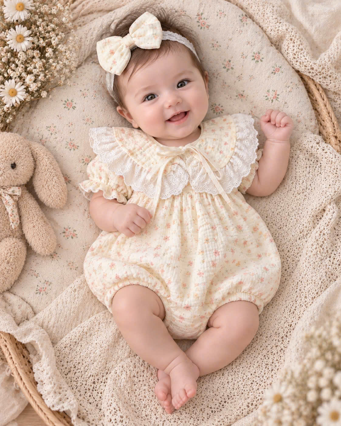 Floral Meadow Muslin Baby Romper Set Newborn–12 Months | Baby Girl Cotton Muslin Romper with Detachable Lace Bib & Matching Bow Headband