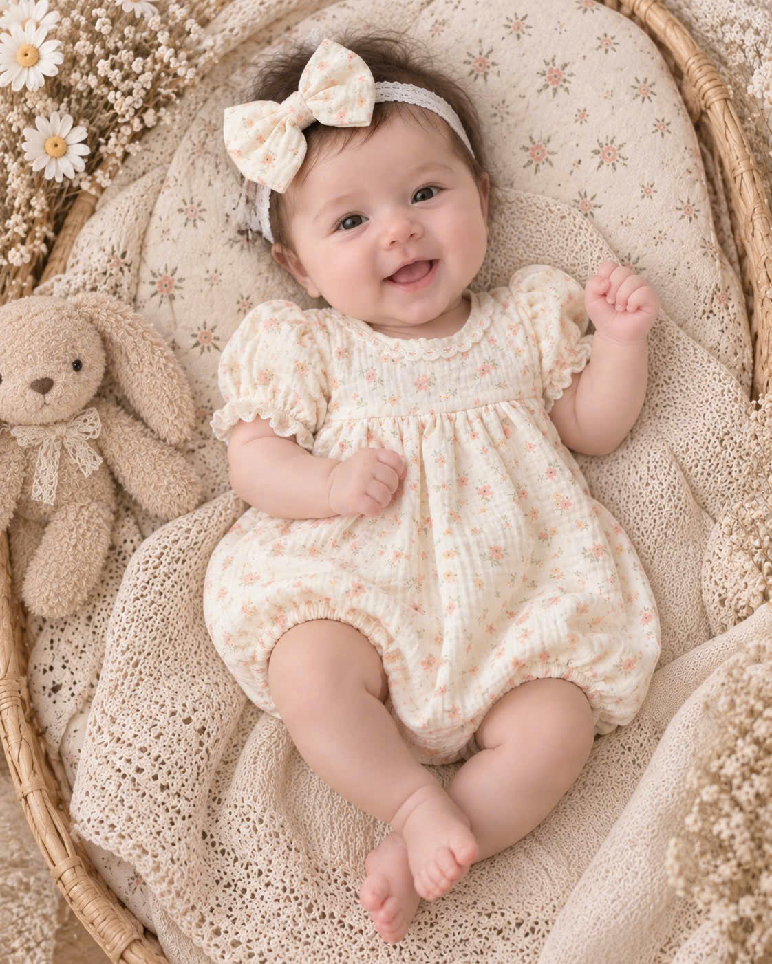 Floral Meadow Muslin Baby Romper Set Newborn–12 Months | Baby Girl Cotton Muslin Romper with Detachable Lace Bib & Matching Bow Headband