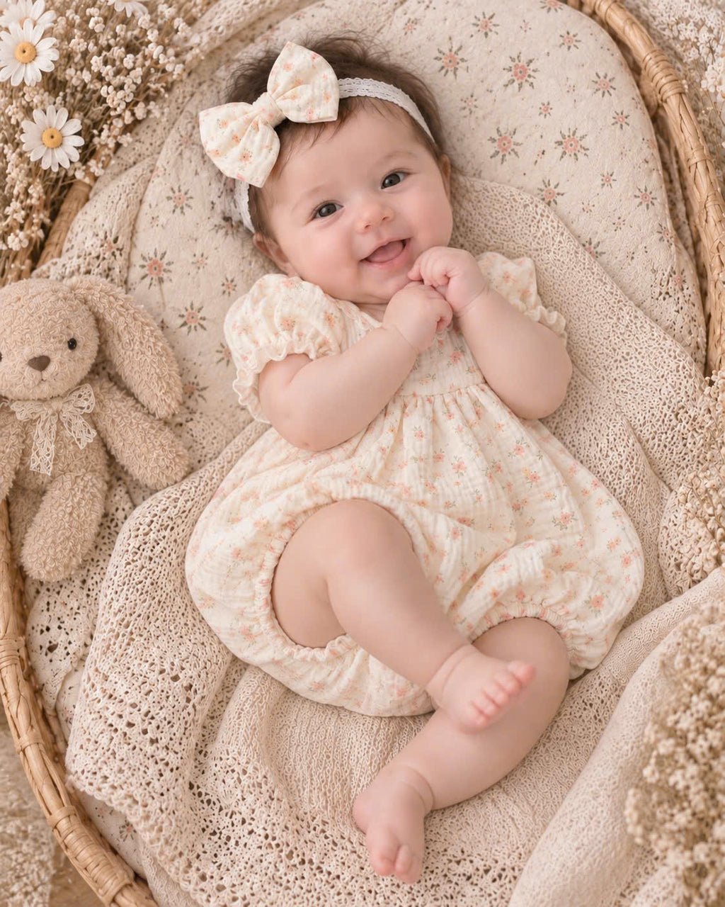 Floral Meadow Muslin Baby Romper Set Newborn–12 Months | Baby Girl Cotton Muslin Romper with Detachable Lace Bib & Matching Bow Headband