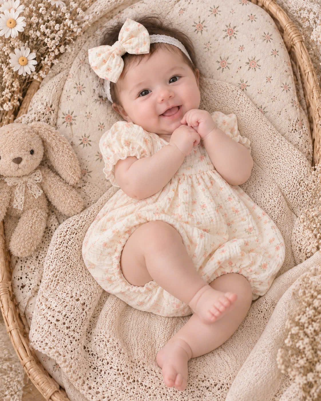 Floral Meadow Muslin Baby Romper Set Newborn–12 Months | Baby Girl Cotton Muslin Romper with Detachable Lace Bib & Matching Bow Headband