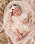 Floral Meadow Muslin Baby Romper Set Newborn–12 Months | Baby Girl Cotton Muslin Romper with Detachable Lace Bib & Matching Bow Headband