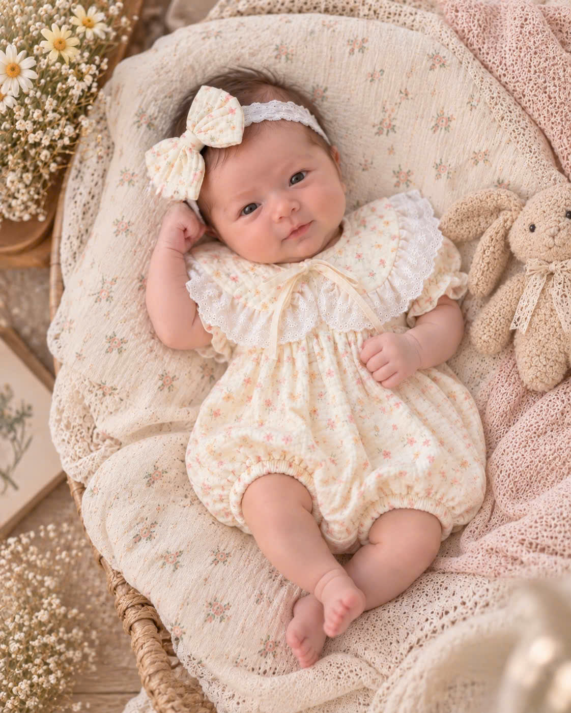 Floral Meadow Muslin Baby Romper Set Newborn–12 Months | Baby Girl Cotton Muslin Romper with Detachable Lace Bib & Matching Bow Headband