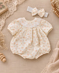 Peach Blossom Muslin Babydoll Romper Newborn–12 Months | Baby Girl Floral Cotton Muslin Romper with Lace Collar & Matching Headband