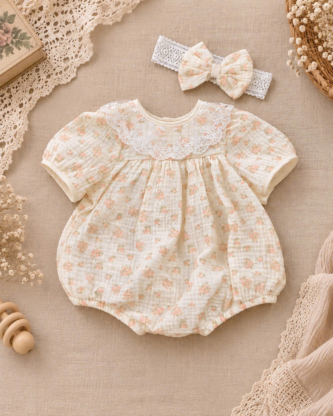 Peach Blossom Muslin Babydoll Romper Newborn–12 Months | Baby Girl Floral Cotton Muslin Romper with Lace Collar & Matching Headband