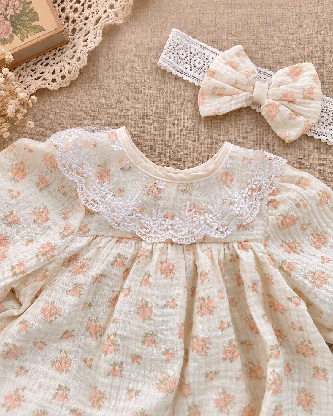 Peach Blossom Muslin Babydoll Romper Newborn–12 Months | Baby Girl Floral Cotton Muslin Romper with Lace Collar & Matching Headband