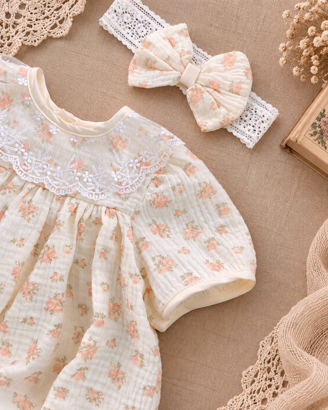 Peach Blossom Muslin Babydoll Romper Newborn–12 Months | Baby Girl Floral Cotton Muslin Romper with Lace Collar & Matching Headband