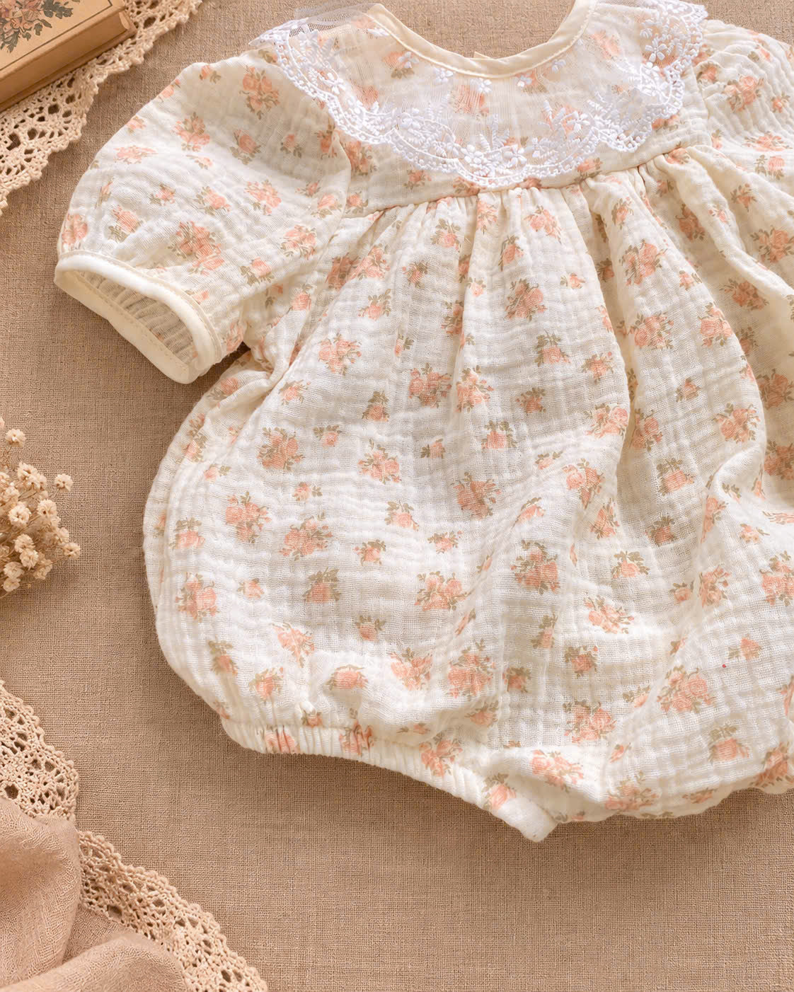 Peach Blossom Muslin Babydoll Romper Newborn–12 Months | Baby Girl Floral Cotton Muslin Romper with Lace Collar & Matching Headband