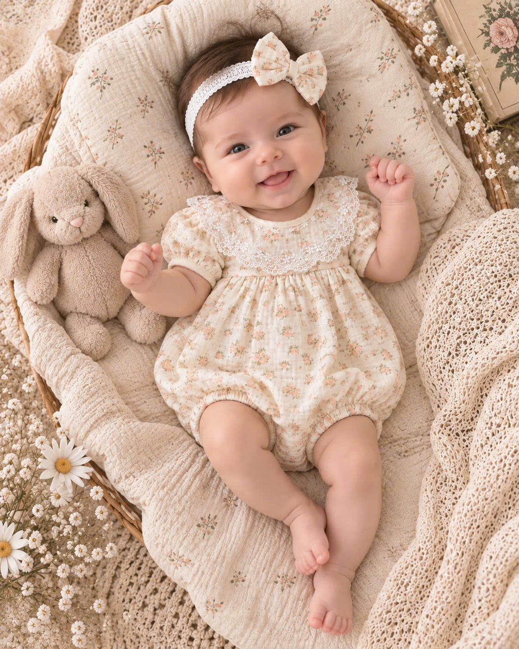 Peach Blossom Muslin Babydoll Romper Newborn–12 Months | Baby Girl Floral Cotton Muslin Romper with Lace Collar & Matching Headband