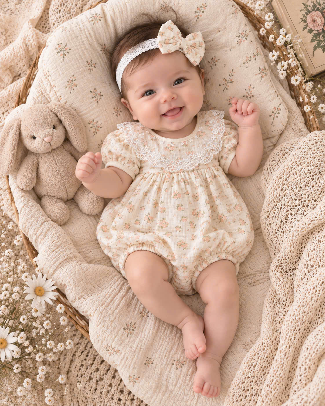 Peach Blossom Muslin Babydoll Romper Newborn–12 Months | Baby Girl Floral Cotton Muslin Romper with Lace Collar & Matching Headband