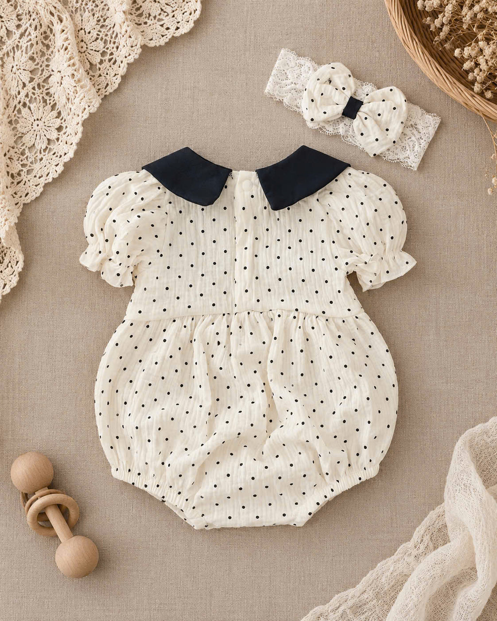Black Polka Dot Muslin Baby Romper Set 0–12 Months | Baby Girl Cream Cotton Muslin Romper with Bow Headband | Vintage Baby Outfit