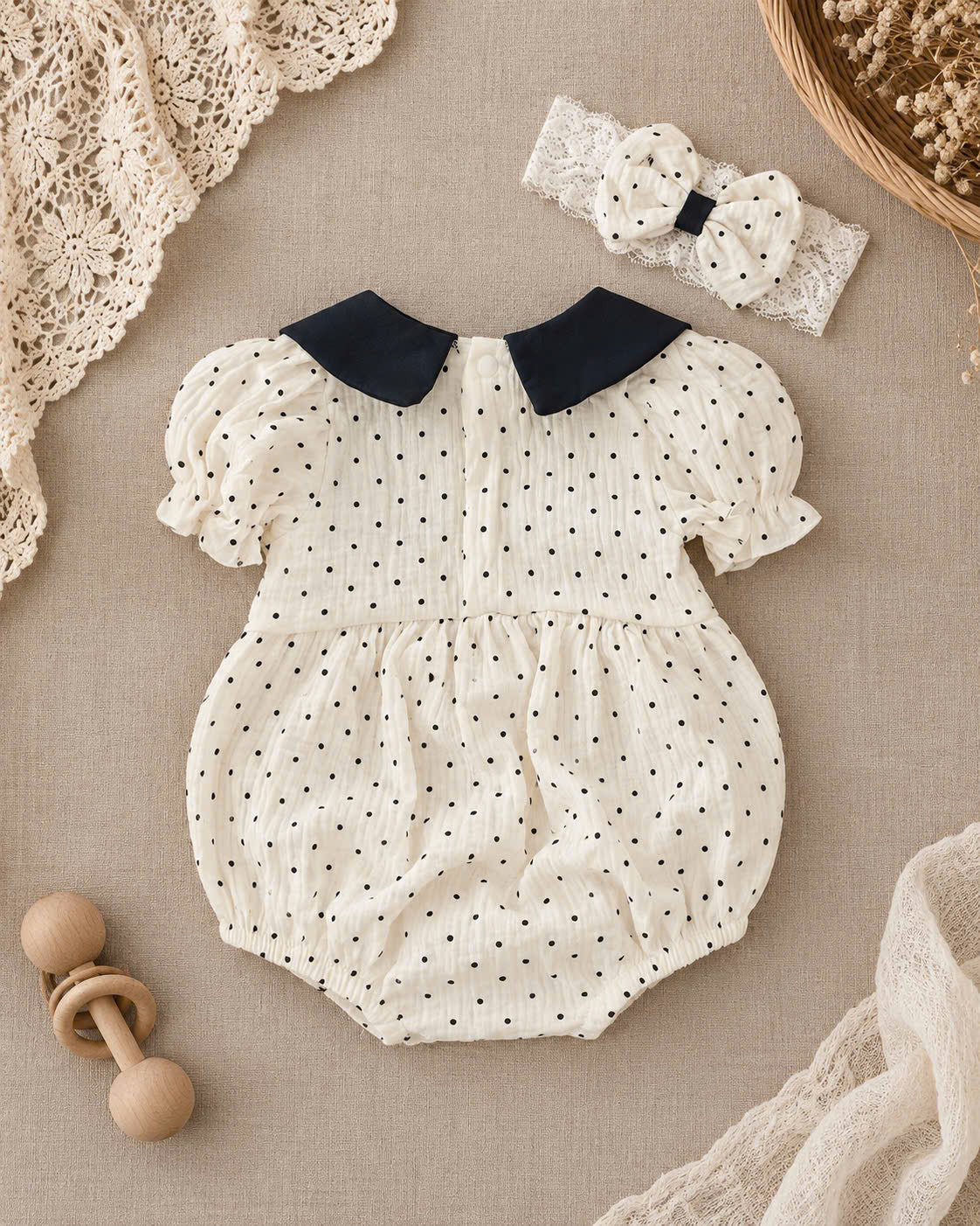 Black Polka Dot Muslin Baby Romper Set 0–12 Months | Baby Girl Cream Cotton Muslin Romper with Bow Headband | Vintage Baby Outfit