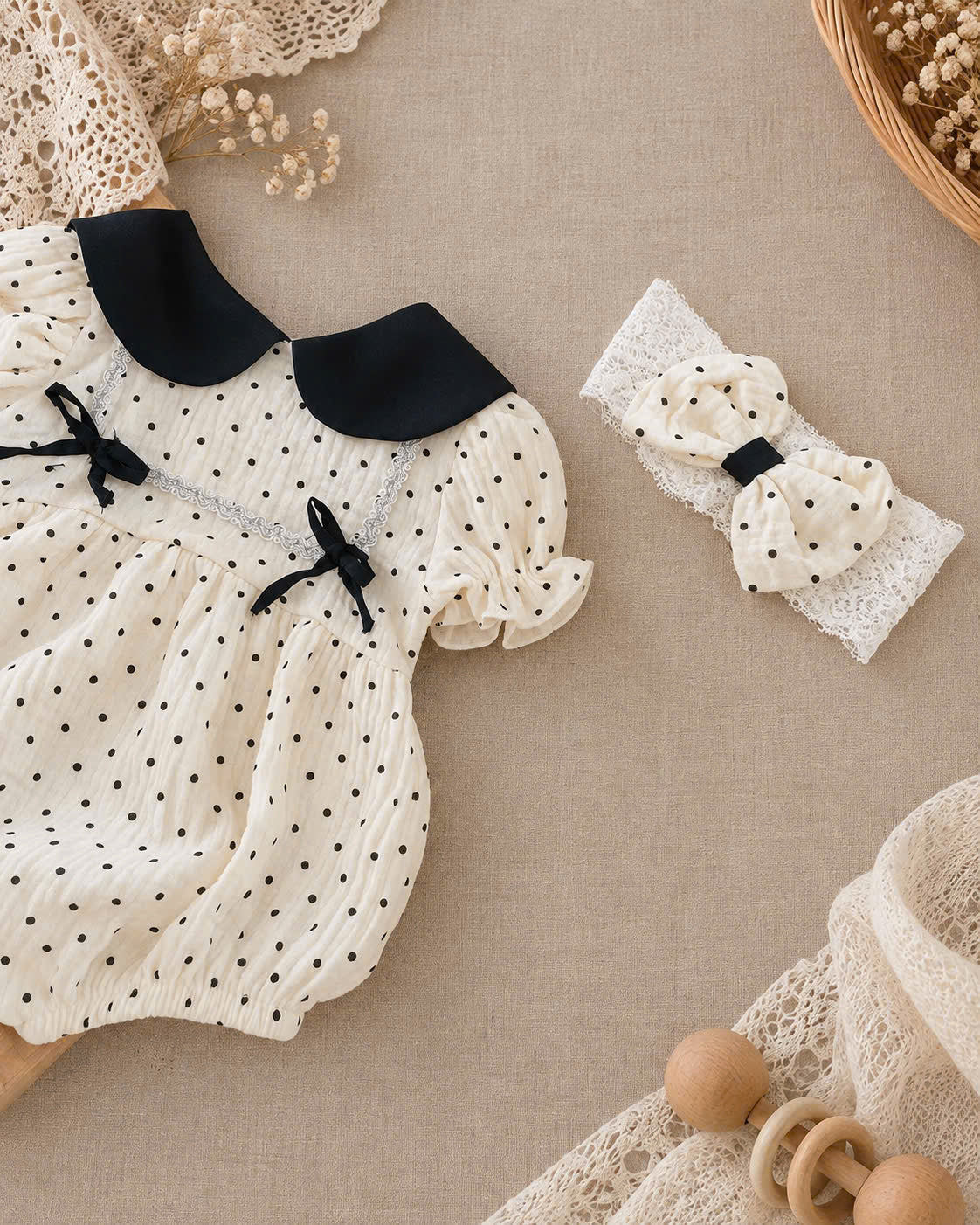 Black Polka Dot Muslin Baby Romper Set 0–12 Months | Baby Girl Cream Cotton Muslin Romper with Bow Headband | Vintage Baby Outfit
