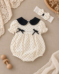 Black Polka Dot Muslin Baby Romper Set 0–12 Months | Baby Girl Cream Cotton Muslin Romper with Bow Headband | Vintage Baby Outfit