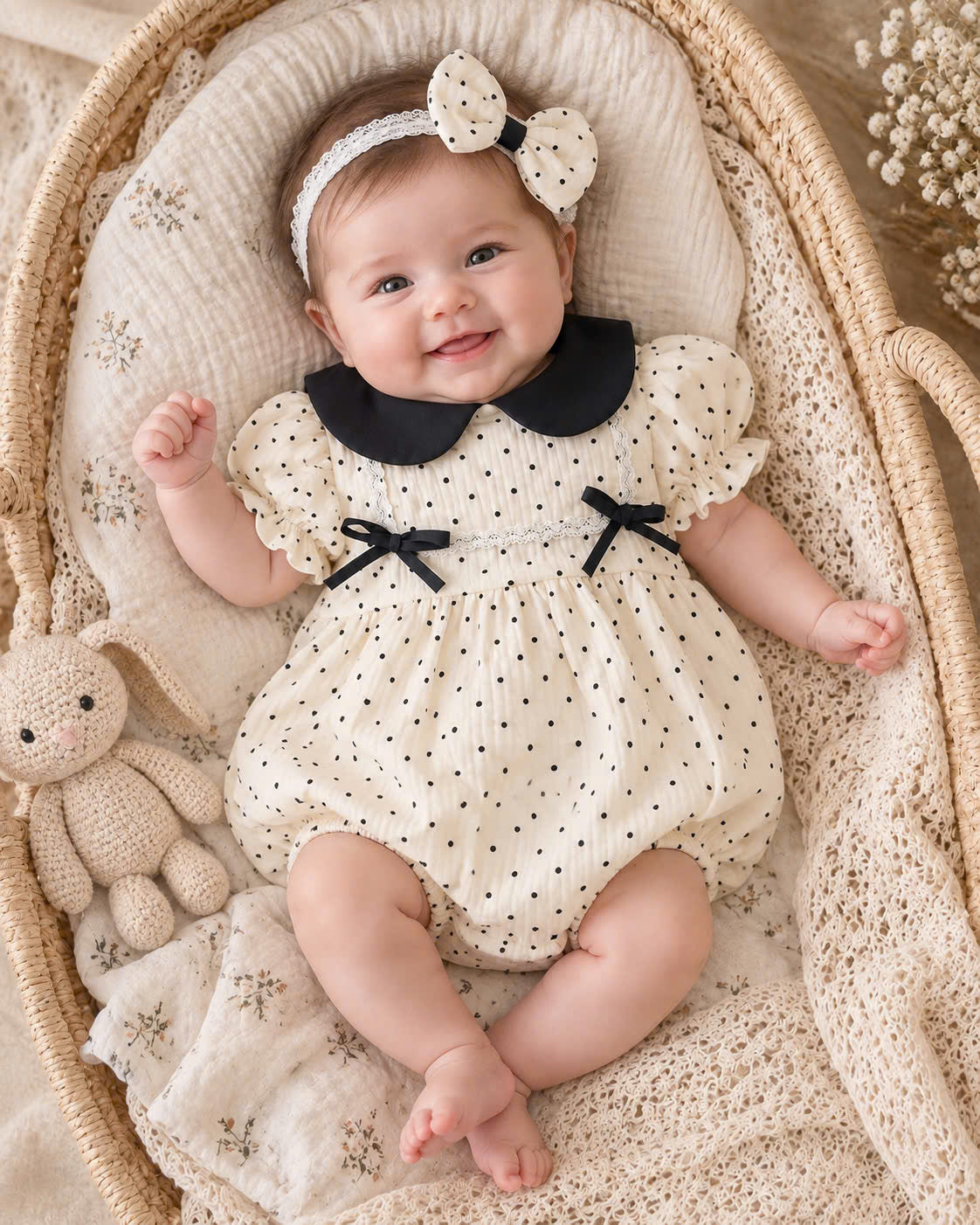 Black Polka Dot Muslin Baby Romper Set 0–12 Months | Baby Girl Cream Cotton Muslin Romper with Bow Headband | Vintage Baby Outfit