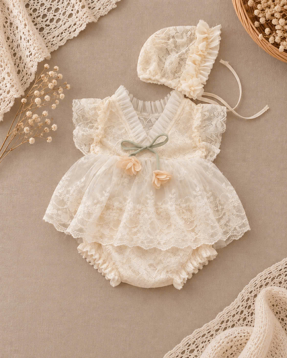 Baby Girl Lace Dress Set Newborn–18 Months | Vintage Baby Dress with Bonnet & Bloomers | Christening, Baptism & Newborn Photo Outfit