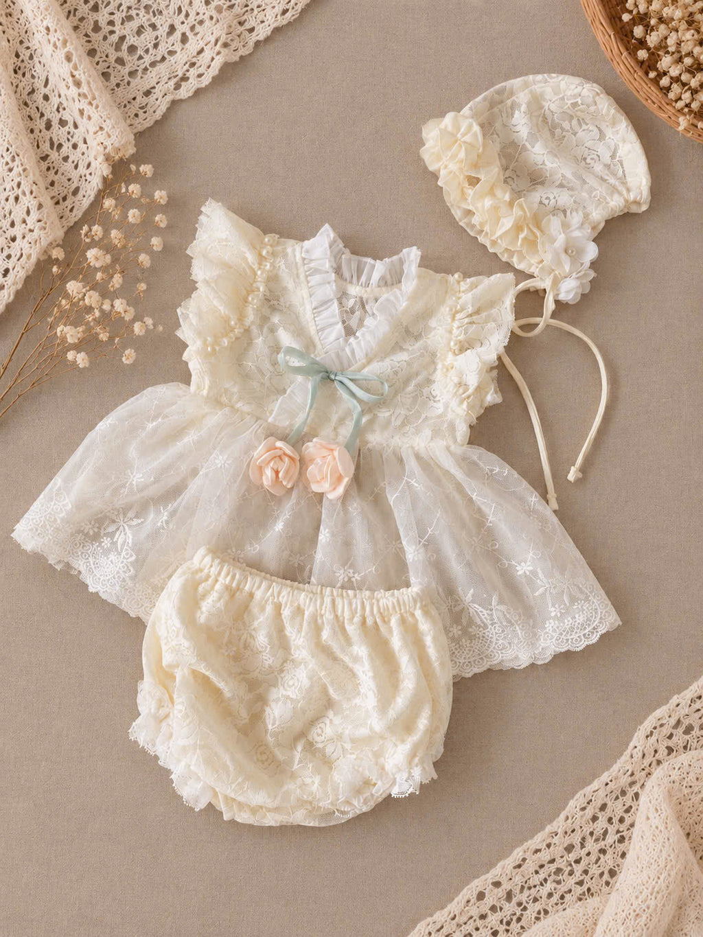 Baby Girl Lace Dress Set Newborn–18 Months | Vintage Baby Dress with Bonnet & Bloomers | Christening, Baptism & Newborn Photo Outfit