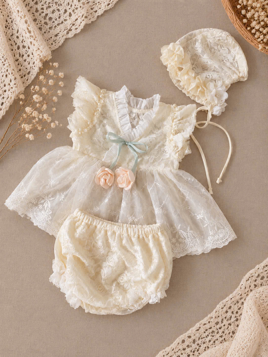 Baby Girl Lace Dress Set Newborn–18 Months | Vintage Baby Dress with Bonnet & Bloomers | Christening, Baptism & Newborn Photo Outfit