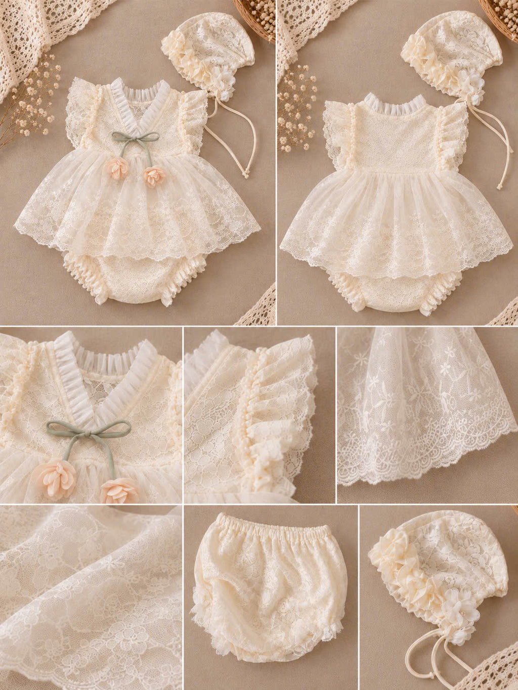 Baby Girl Lace Dress Set Newborn–18 Months | Vintage Baby Dress with Bonnet & Bloomers | Christening, Baptism & Newborn Photo Outfit